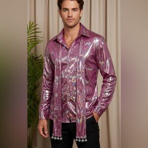 Charades Disco Hot‎ Pink Holographic Halloween Costume Men's Shirt -- XL